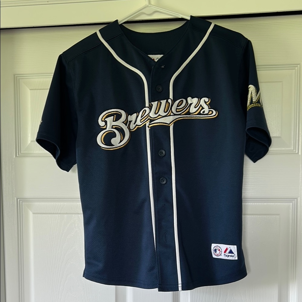 Majestic Brewers Dark Blue Jersey with White and Gold Accents